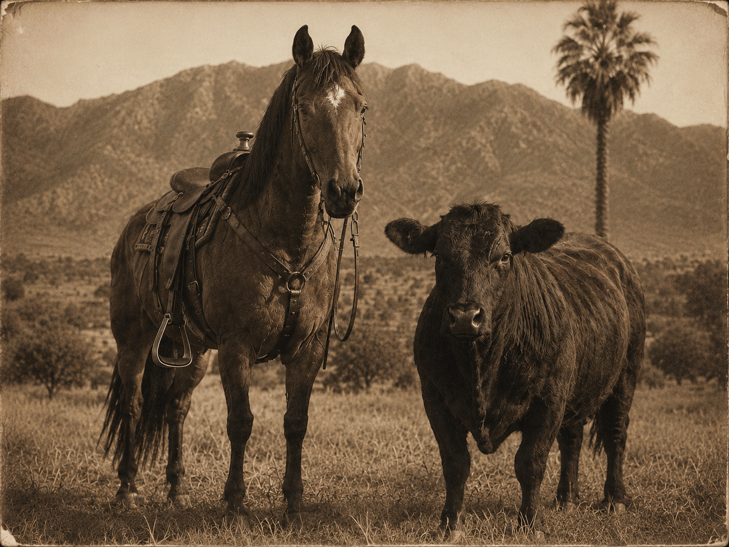 A premium cow horse running beside smaller working cattle with California mountains and a palm tree